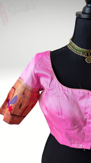Pink silk blouse paithani blouse Gold pure zari Paithani border blouse online usa silk blouses ready to wear online shopping blouse online