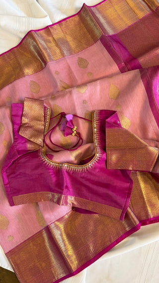 Bridal Gold Handloom Kora silk Pastel Pink pure kanjivaram silk saree stitched embroidered blouse online shopping usa  handloom silk saree
