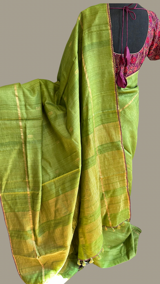 Parrot Green pure tussar silk with kantha work silk blouses Partywear Indian saree usa