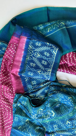 Handloom Pink Bandhini hand done bandhej on pure patola double ply silk saree silk finish pallu with prestitched blouse