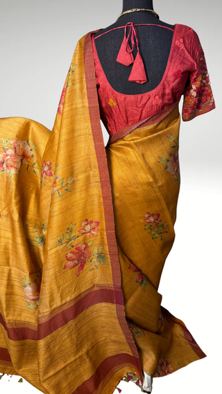 Mustard Gold Tussar pure silk saree embroidered blouse with pure handloom saree Handloom silk Tussar with embroidery silk blouses zari borders and fine checks Partywear bridesmaids