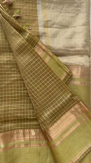 Pure Tissue Beneras checks handwoven pure silk saree stitched blouse saree readymade online USA
