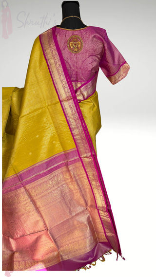 Bridal Vairaoosi Tissue Gold Tissue Cardamom Green to Majenta Kanjivaram silk saree with stitched Indian wedding muhurtam silk bridal blouse online shopping usa Diwali