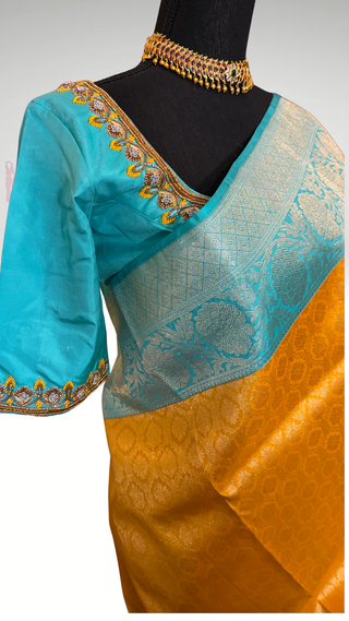 Brocade kanjivaram yellow gold zari with stitched blouse traditional kanchi pattusaree saree Indian wedding