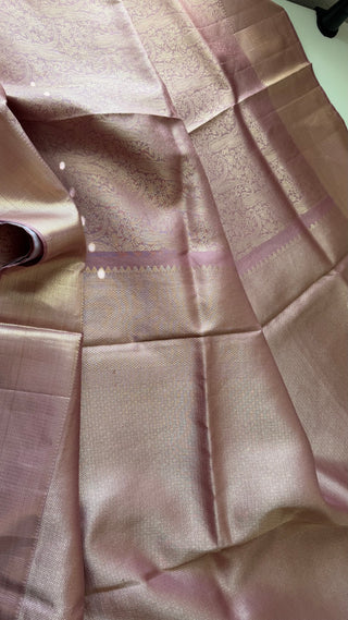 Pastel mauve silver zari kanjivaram silver zari with stitched blouse.