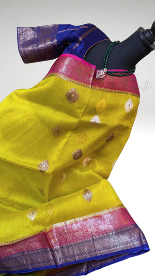Pure Handloomlight olive green beneras organza saree stitched blouse saree online