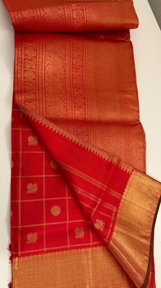 Pure Red kanjivaram pattu muhurtam kalyanam Pelli cheera saree pure zari handloom korvai kanchi red checks butta kanjivaram silk saree with embroidery  blouse