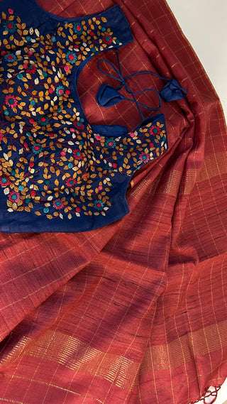 Rouge Pink Tussar pure silk saree embroidered blouse with pure handloom saree Handloom silk Tussar with embroidery silk blouses zari borders and fine checks Partywear bridesmaids