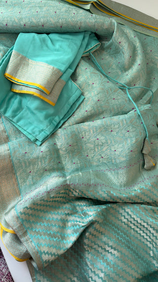 Handloom Pastel’s Georgette Brocade Beneras silk saree with stitched blouse  online shopping Partywear