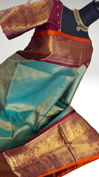 Pure Handloom Brocade Red to Gold Gadwal with stitched blouse silk saree gold zari silk saree