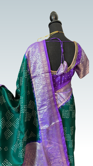 Pure Green Chinya silk Bandhej Silk Saree pure saree silk finish with stitched blouse Partywear pooja wear ready to ship Saree USA