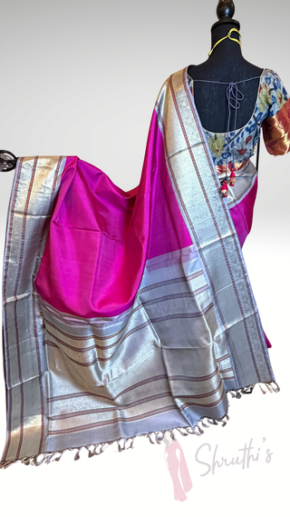 One saree two look’s Handloom Pink kanjivaram silk saree with kalamkari blouse two  stitched blouse  Indian wedding muhurtam silk bridal blouse online shopping usa Diwali