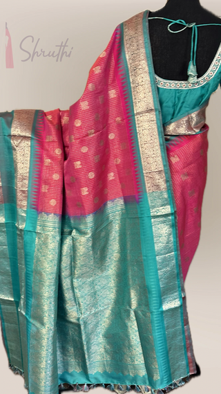 Venkatagiri pure double shade pink silk silver  zari with stitched blouse contrast blouse