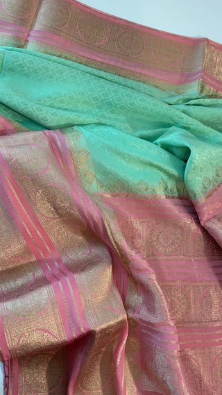 Handloom Pastel’s Georgette checks  Beneras silk saree with stitched blouse  online shopping Partywear
