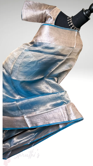 Pure Tissue Beneras pastel Ice Blue checks handwoven pure silk saree stitched blouse saree readymade online USA
