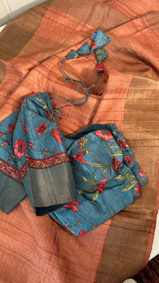 Rust  tussar silk with kalamkari silk blouses