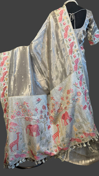 Grey silver tissue Organza soft weave paithani silver borders with stitched blouse