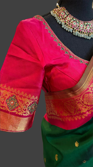Bottle Green Gadwal silk saree with pink zari with embroidered blouse