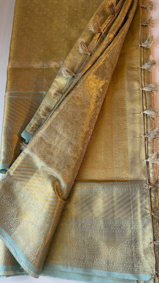 Kalyana pattu wedding Handloom Green Kanjivaram Gold Tissue  Brocade Pure silk pattumuhurtam saree  Kanjivaram silk saree with prestitched blouse.
