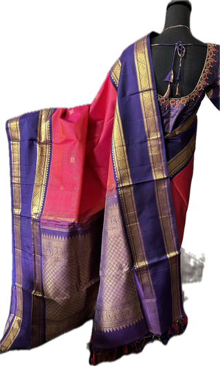 Bright Pink double color  vaira oosi kanchi pattu saree fine weave kanchi pattu bridal