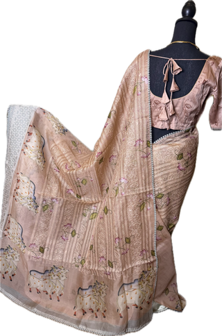Mauve pichwai embroidered borders organza pure silk printed blouse easy drape online shopping usa