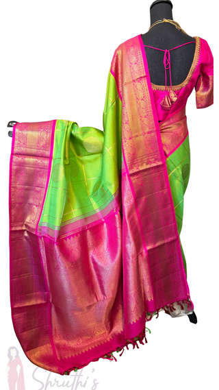 Parrot Green pink Gold checks kanjivaram silk saree with stitched Indian wedding muhurtam silk bridal blouse online shopping usa fine weave easy drape