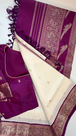 Ven Pattu kanjivaram purple  Kanchi pattu saree gold silver zari Indian wedding saree pure silk saree with stitched blouse usa online shopping