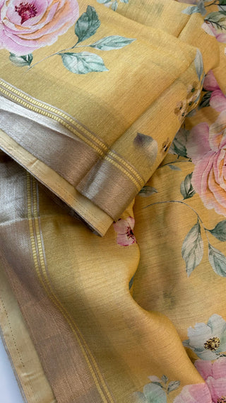 Printed Pastel Yellow  floral chinya  silk sarees with stitched blouse