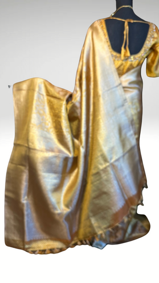 Pure Gold tissue Kanchi Kora Pure zari silk saree with stitched  blouse online shopping usa