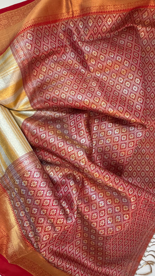 Gold Tissue red border Kanjivaram kalyana pattu ven pattu pure zari Pellicheera beige silk saree bridal with stitched hand embroidered blouse design USA Ratnamala vintage gold saree