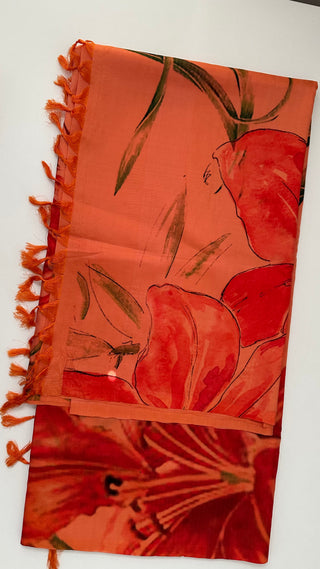 Pure Soft Silk kanjivaram Saree  Orange Printed silk saree with embroidered Tussarsilk  Stitched Blouse Indian Saree Online USA Ready to Ship Saree Online USA Easy Drape