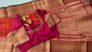 Pure Orange  Handwoven kanjivaram silk saree online pure handwoven red kanjivaram silk saree easy drape red saree Indian bride bridal saree