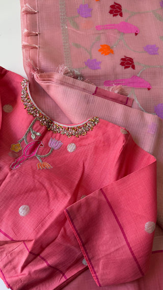 Handloom Pure zari Kota saree Pastel Pink silver zari with embroidered stitched blouse