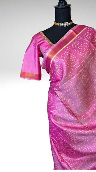 Pink pastel silk patola silk saree with  silk finish pallu with prestitched blouse