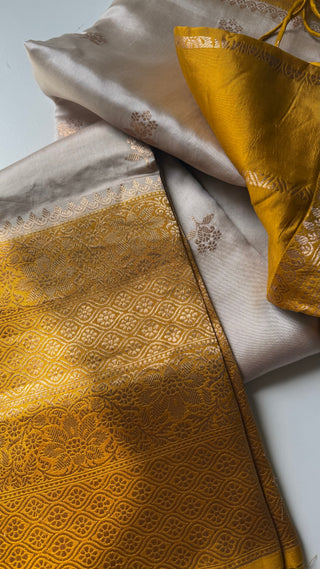 Beige Gold Benerasi Handloom silk saree Katan silk saree  pallu Partywear Diwali online shopping with stitched blouse