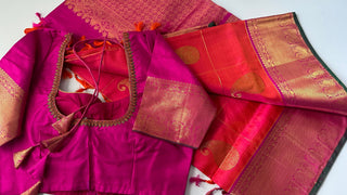 Orange pure kanchi pattu saree checks double checks pure zari kanchi pattu saree online usa 