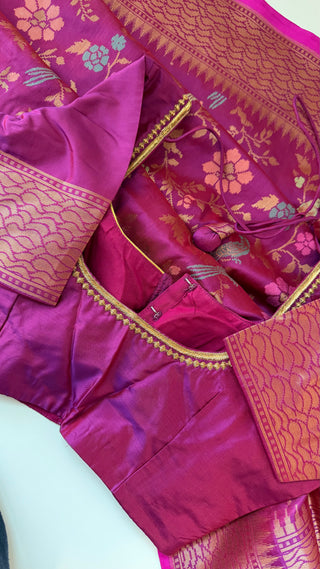 Magenta  Pure katan Benerasi silk saree with stitched  embroidered blouse online shopping usa