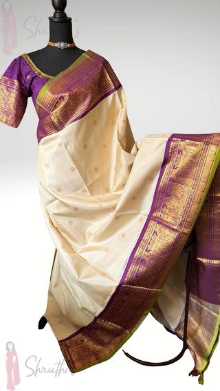Pure Handloom ven pattu white to purple  Gadwal silk saree gold zari silk with stitched blouse ready to ship USA Easy drape