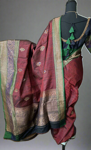 Maroon Tussar Beneras Katan saree with prestitched blouse