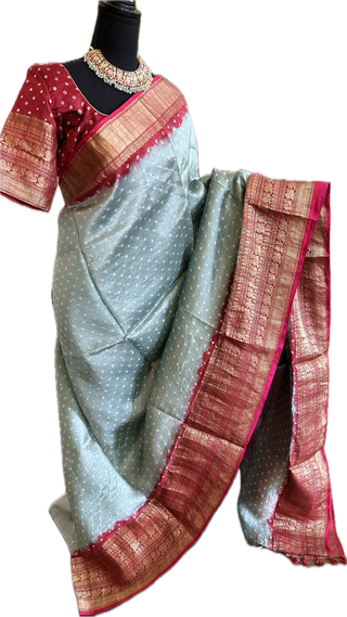 Bandhini Silk Saree zari borders Withstitched  Blouse
