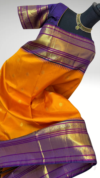 Apricot to Indigo Border Pure Kanjivaram Silk saree with stitched blouse ready to wear latest Diwali navarathri collection online USA