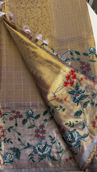 Pure Indian wedding kanjivaram light purple pastel Gold silk tissue brocade  silk pure embroidered silk handwoven