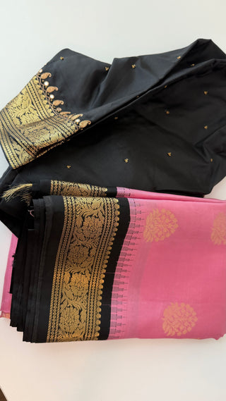 Pure Kanjivaram Handloom pure silk Pink black Handloom silk saree pure zari  Muhurtam Wedding Saree with ready to wear ship Blouse Online USA