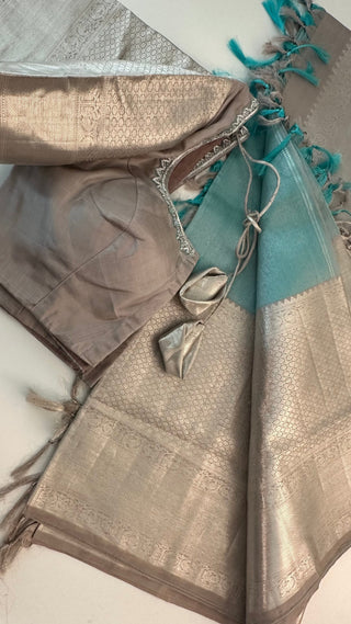Pastel Blue Kanjivaram pattu saree Handwoven silk saree with stitched  blouse Hand embroidered blouse