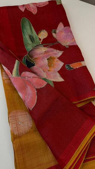 Handwoven Tussar painted pichwai one of kind print tussar silk saree  online and prestitched blouse