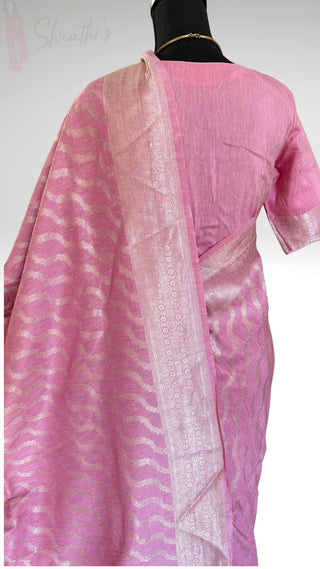 Pastel Pink Pure Handloom beneras weave in linen pure silver zari pastel pink saree embroidered linen saree online usa