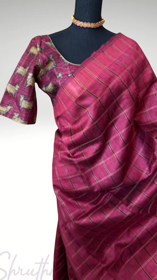 Handwoven pichwai print tussar silk saree  online and prestitched blouse