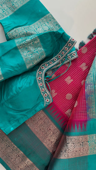 Venkatagiri pure double shade pink silk silver  zari with stitched blouse contrast blouse