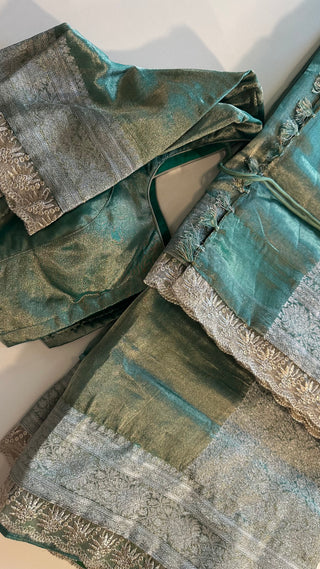 Green Pure Double Tissue katan silver Organza  silk saree with blouse online shopping usa