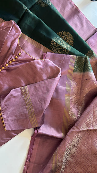 Bottle Green pure  soft silk saree  zari and hand embroidered blouse